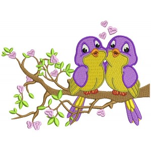 Two Birds In Love Sitting On A Branch With Hearts Filled Machine Embroidery Design Digitized Pattern
